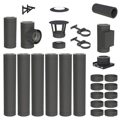 Produktbild von 7,1 m Edelstahlschornstein Ø 150 mm Komplettset doppelwandig DW-Black Wandmontage