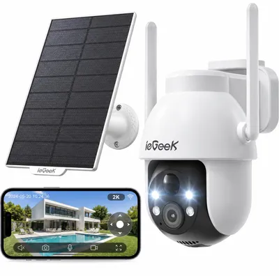 Produktbild von ieGeek 2K 3MP HD Solar überwachungskamera Aussen 360° PTZ Akku WLAN Kamera 2.4GHz mit PIR Bewegungsmelder Farbnachtsicht