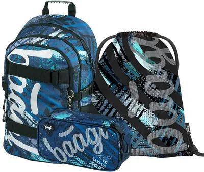 Produktbild von Baagl Schulrucksack Set Jungen 3 Teilig, Schultasche ab 3. Klasse, Grundschule Ranzen mit Brustgurt, Ergonomischer Schulranzen (Skate Strukturen)