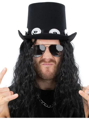 Produktbild von MIMIKRY Rocker Kostüm-Set mit Slash Perücke - Zylinder Hut mit langen Haaren, verspiegelter Brille, 80er Jahre Rockstar, Karneval, Halloween