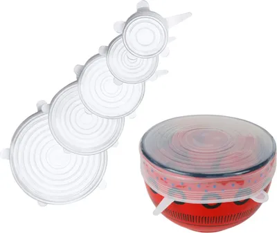 A set of transparent silicone lids is shown stacked diagonally on the left, and one lid is covering a red bowl on the right.