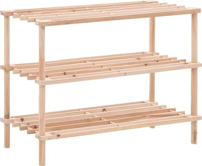 A three-tier wooden shoe rack against a white background.