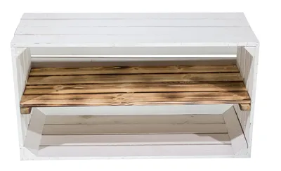 Produktbild von Breite weiße Obstkiste mit geflammtem Mittelbrett68cm x 40cm x 31cm Holzregal Weinkisten quer mit Zwischenbrett Gartenmöbel Aufbewahrungsregal Zwischenfach flambiert