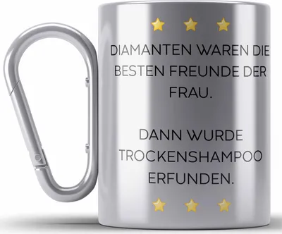 Produktbild von Trendation - Lustige Edelstahl Tasse Karabiner mit Spruch für Frauen Männer Arbeit Büro Lustig Edelstahl Tasse Karabinern Becher mit Sprüchen Kollegin Geschenk Sarkasmus Trockenshampoo (Silber)