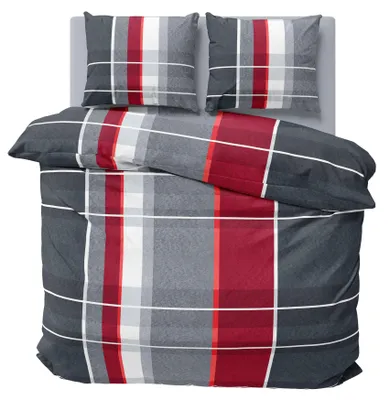 Produktbild von Winter Bettwäsche 200x200 cm kariert gestreift grau rot Flausch Warme Fleece