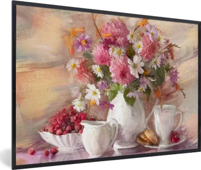 Produktbild von MuchoWow® Gerahmtes Poster Gemälde - Blumen - Vase - Ölfarbe 90x60 cm - Poster mit Schwarzem Bilderrahmen Wandposter Rahmen Foto Bilder - Fotorahmen - Foto-Plakat
