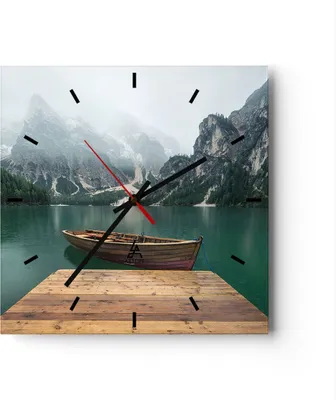 Produktbild von Wanduhr - Quadrat - Glasuhr - Berge See Boot - 30x30cm - Schleichendes Uhrwerk - Lautlos - zum Aufhängen bereit - Dekoration Modern - Wanddekoration aus Glas - C3AC30x30-3978