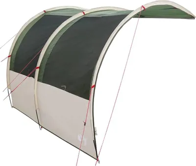 A freestanding tarp structure with a curved roof and two arched sections, shown against a white background.