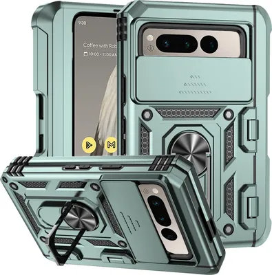 Produktbild von Google Pixel Fold Hülle mit Schiebe Kamera Schutz und Ringhalter Ständer Schutzhülle für Google Pixel Fold Grün