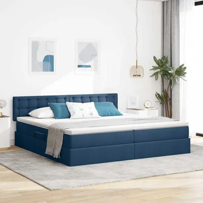 Imagen del producto de Cama con almacenamiento y colchón, color azul, 200 x 200 cm, tapizada en terciopelo