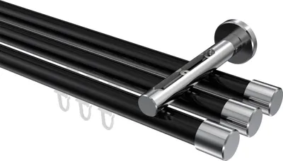 Produktbild von Interdeco Innenlaufstange / Gardinenstange mit Innenlauf Schwarz / Chrom, Typ Siteno Santo (Kappe), 20 mm Ø 3-läufig, 540 cm