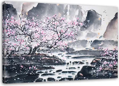 Produktbild von Leinwandbild japanische aquarell-landschaft 100x70 cm Feeby grau wandbild bereit zum aufhängen
