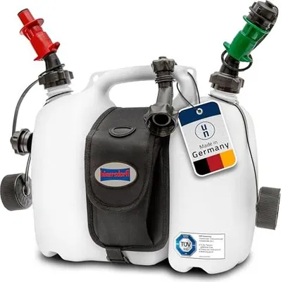 Produktbild von Hünersdorff Doppelkanister Profi natur mit Satteltasche / 1 Auslaufrohr / Einfüllsystem Kraftstoff + Öl, 6+3L - 804962