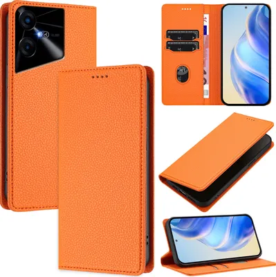 Produktbild von Litchi Leder Handyhülle für Tecno Pova Neo 3 Wallet Kartenfächer Standfunktion Hülle Orange