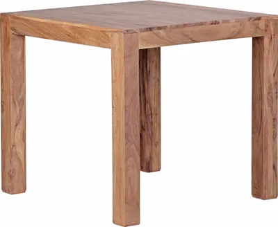 A square wooden table with four legs, isolated on a white background.