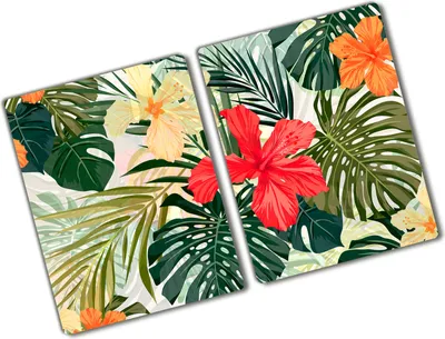 Produktbild von Tulup Glas Herdabdeckplatte - 2x40x52 cm - Glaskeramikkochfeld-Abdeckung Spritzschutz Glasabdeckplatte Kochplattenabdeckung und Schneidebrett - Zweiteilig - Blumen & Pflanzen - Hawaii Blumen - Mehrfarbig
