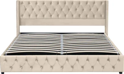 Produktbild von Flieks Polsterbett 160x200cm mit Lattenrost, Hydraulisches Boxspringbett mit Bettkasten und Stauraum, Samt Doppelbett Stauraumbett Funktionsbett, Beige