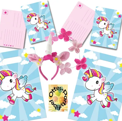 Produktbild von Baby-Einhorn-Party-Set Erweiterung2 Einladungen Mitgebseltüten Einhorn-Haarreif