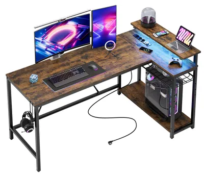Eckschreibtisch L-Form 147 cm mit Steckdosen, LED, Regalen