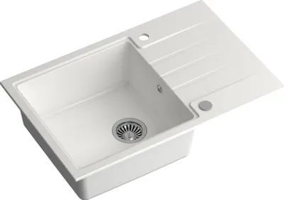 Produktbild von QUADRON Spülbecken 1-Becken Spüle | Größe: 78 x 50 x 20 cm | PETER 111 | Küchenspüle Granitspüle aus GraniteQ mit Siphon | Weiß & Stahl