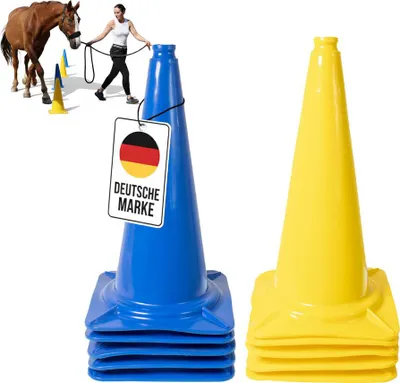 A horse and rider training with cones, with stacks of blue and yellow cones in the foreground.