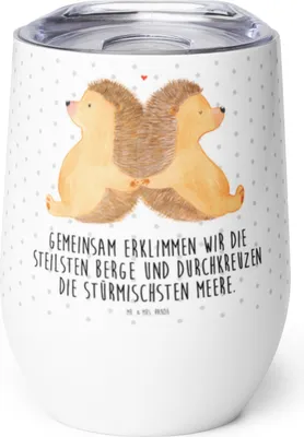 Produktbild von Mr. & Mrs. Panda Thermo Becher Igel händchenhaltend - Weiß - Geschenk, Freundin, Thermobecher, thermosbecher, Edelstahlbecher, Liebe, glühweinbecher, kaffee tasse