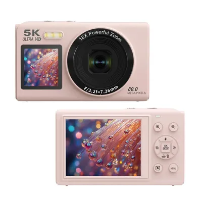 Front and back view of a pink digital camera.