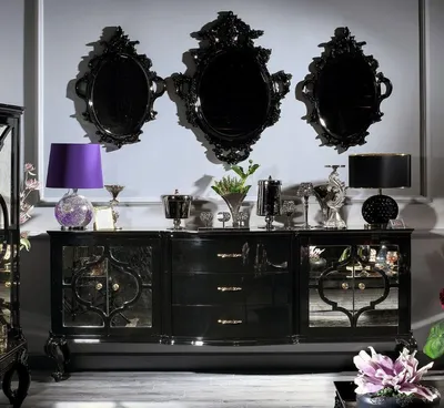 Produktbild von Casa Padrino Luxus Barock Wohnzimmer Set Schwarz / Gold - Prunkvolle Kommode und 3 Wandspiegel - Barock Möbel - Luxus Qualität