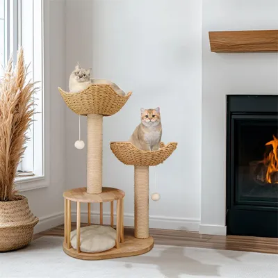 Image de Arbre à chat - Centre d'activités - 3 niveaux pour chats d'intérieur - 60x40x99 cm - Panier douillet et cachette - Poteaux en sisal pour faire ses griffes - Pour chats jusqu'à 10 kg - Bois naturel et blanc