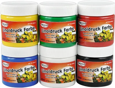 Produktbild von Linoldruckfarben 6er-Set, wasserbasiert, 6 Grundfarben, 40 ml je Tube, für Linol- & Kartoffeldruck