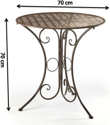 A brown metal bistro table with a decorative top and ornate legs, shown against a white background with dimensions indicated.
