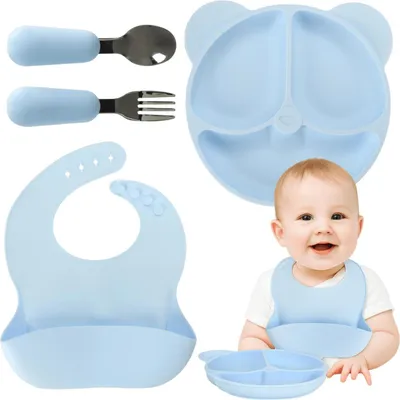 Produktbild von Silikon Geschirr Set Kinder Blau sicher weich langlebig ideal zum Essenlernen für Baby Kleinkind Alltag und Reise