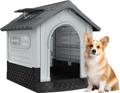 Produktbild von YARDIN Hundehš¹tte Kunststoff Hundehaus mit Lš¹ftungsgitter, Oberlicht und Erh?htem Boden Haustierhaus 79.5 ¡Á 70.5 ¡Á 78 cm Wetterfest und Isoliert Haustierhš¹tte fš¹r Drau?en und Drinnen, Grau