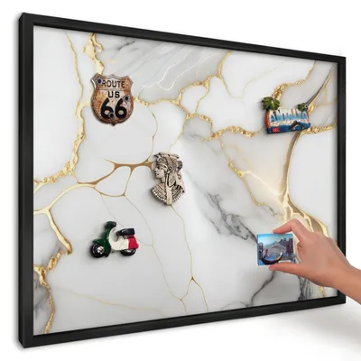 Produktbild von Magnettafel 70x50 cm mit schwarzem Rahmen - Magnetische Metalltafel, Magnetpinnwand zur Wandmontage für Wohnzimmer, Küche, Flur, Kinderzimmer und Büro - Abstrakter Marmor