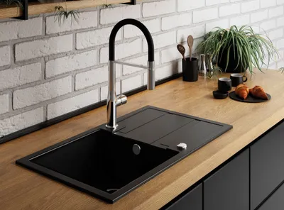 Produktbild von BADLAND Spülbecken Granitspüle Einzelbecken Barbados 44x76 Schwarz mit langer Ablaufplatte | Siphon im SET!