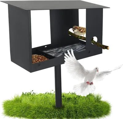 Productafbeelding van Vogelhuis met metalen standaard, 3-in-1 voederstation, weerbestendig, geschikt voor tuin en buiten