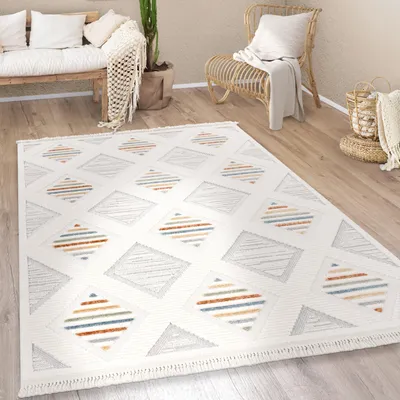 Produktbild von Teppich Wohnzimmer Kurzflor Boho Modern Ethno Skandi Geometrisch Fransen Grösse 80x150 cm