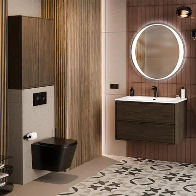 Produktbild von Badmöbel-Set 4-teilig mit LED-Spiegel & 80 cm Waschtisch in Walnuss - TEMUCO-56-WALNUT