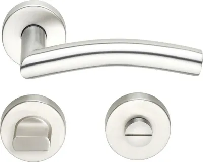 A set of stainless steel door handles and rosettes.