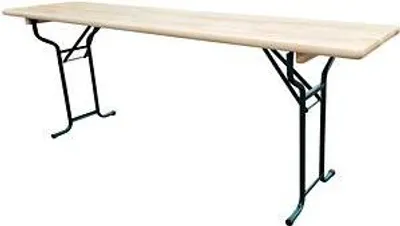A long, narrow wooden table with black metal folding legs, shown against a white background.