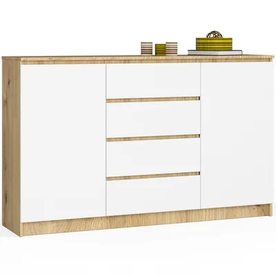 Produktbild von Kommode AKORD K160 Eiche Artisan 160 cm 2 Türen 4 Schubladen 4 Ebenen Front Weiß B160 x H99 x T40 cm