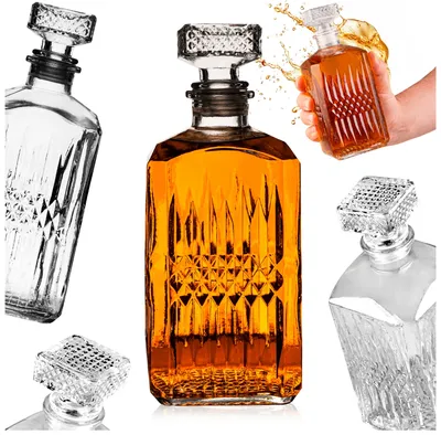Zdjęcie produktu dla SuperButelki - Karafka szklana 500 ml, z korkiem, tłoczony wzór, butelka 0,5l na whisky, koniak, wodę, alkoho, stylowa, wysoka jakość, dekoracja barku