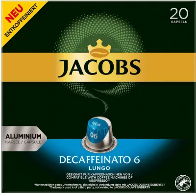Produktbild von JACOBS Kapseln Decaffeinato 6 Lungo entkoffeiniert 1 x 20 Nespresso®* kompatible Kaffeekapseln