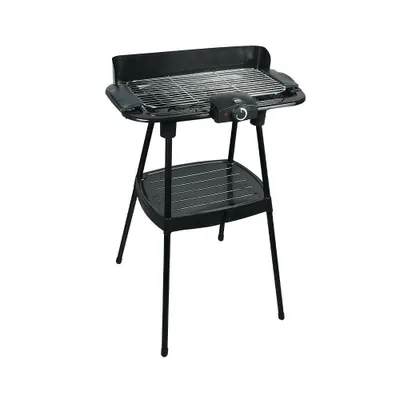 A black electric grill on a stand against a white background.