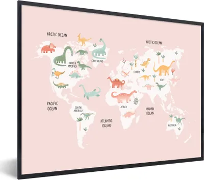 Produktbild von MuchoWow® Gerahmtes Poster Weltkarte - Kinder - Dino 80x60 cm - Poster mit Schwarzem Bilderrahmen Wandposter Rahmen Foto Bilder - Schwarzem - Mit Gestell