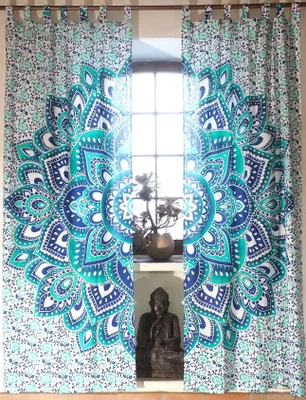 Produktbild von Boho Vorhänge, Gardine (1 Paar ) mit Schlaufen, Handbedruckter Ethno Style Vorhang, Mandala Motiv - Weiß/türkis/blau, Baumwolle, 220*100*0,2 cm, Dekovorhänge