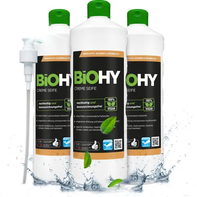 Produktbild von BiOHY Creme Seife (3x1l Flasche) + Pumpspender| Hautschonende, rückfettende und aus dem pflanzlichen Bereich PHOSPHATFREI | Ohne Parfüm und Farbstoffe