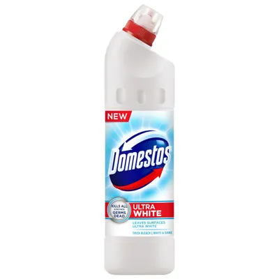 A bottle of Domestos toilet cleaner.