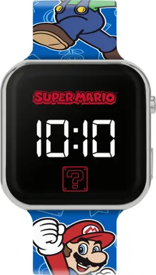 A digital watch with Super Mario characters on the band and screen.