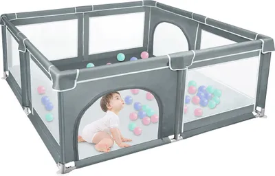 Produktbild von Laufstall Baby,180x150cm Rutschfester Absperrgitter mit Atmungsaktive Netz Schutzgitter Kind Playpen Set mit Tragetasche Schwarz